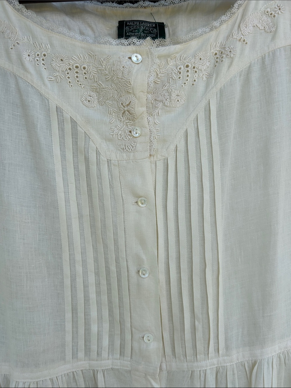 VTG Rare Polo Ralph Lauren Country 100% Linen Eyelet Pintuck Dress Cream size12 - Picture 7 of 13